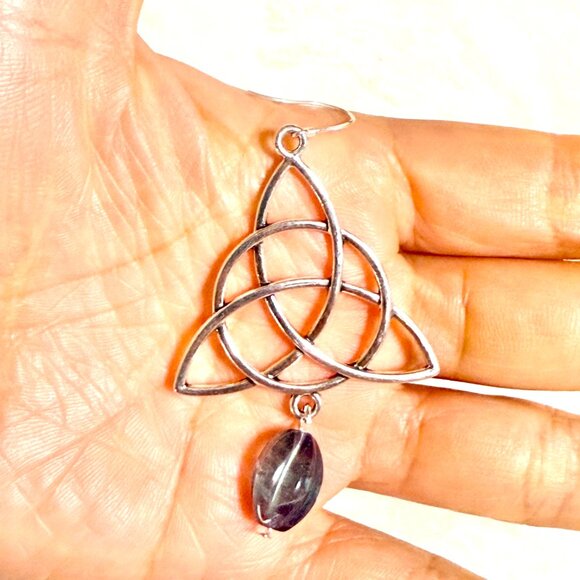 2/$20, Genuine Rainbow Fluorite Celtic Trinity Sterling Silver Dangle Earrings - Picture 9 of 10